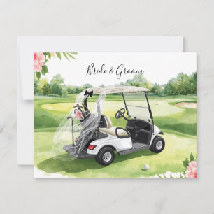Golf wedding golf cart on green grass note card