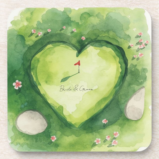 Golf wedding heart shaped golf course beverage coaster (Front)