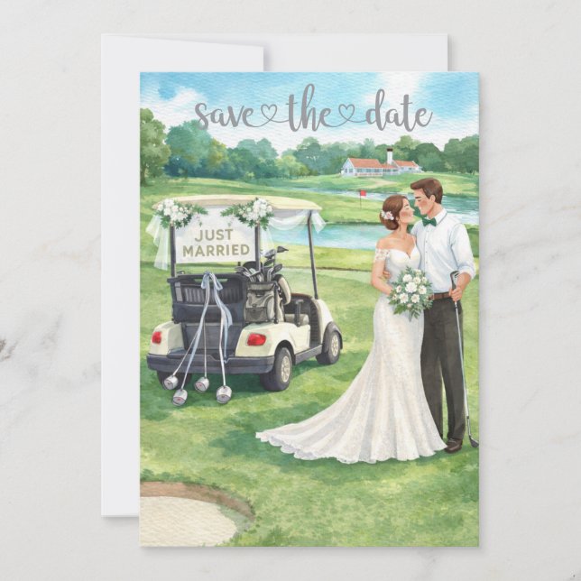 Golf Wedding Invitation card with bride and groom (Front)