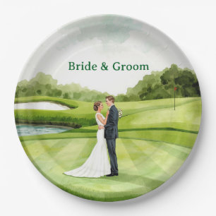 Golf Wedding Party with Bride & Groom on Green Paper Plates