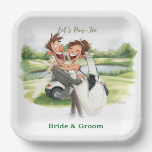 Golf Wedding Party with Bride & Groom on Green Paper Plates
