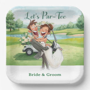 Golf Wedding Party with Bride & Groom on Green Paper Plates