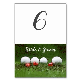 Golf Wedding table card with golf ball on green
