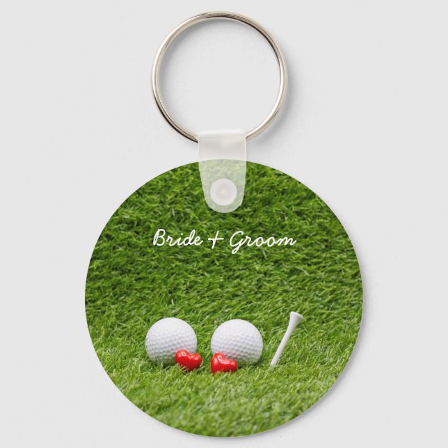Golf Wedding two golf balls on green with love   Keychain (Front)