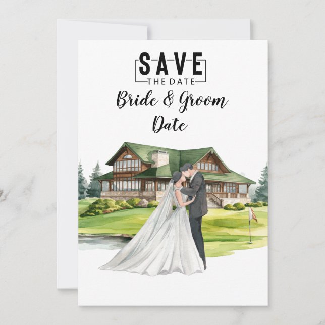 Golf Wedding with bride and groom at club house Invitation (Front)