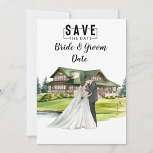 Golf Wedding with bride and groom at club house Invitation