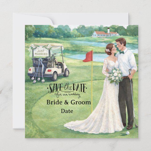 Golf Wedding with bride and groom at club house Save The Date (Front)