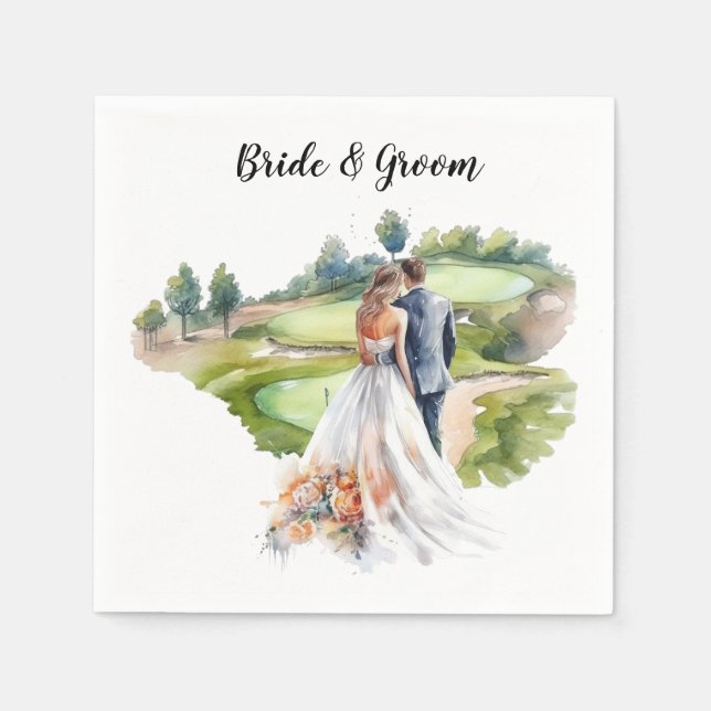 Golf Wedding with bride and groom at golf course Napkins (Front)