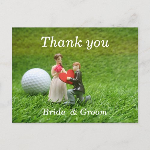 Golf wedding with bride and groom golfer with love postcard