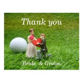 Golf wedding with bride and groom golfer with love postcard