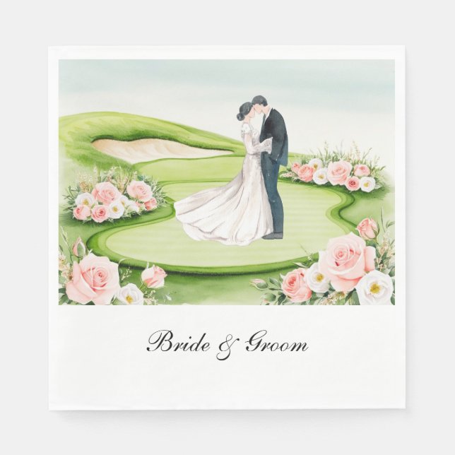 Golf Wedding with Bride and Groom on course Napkins (Front)