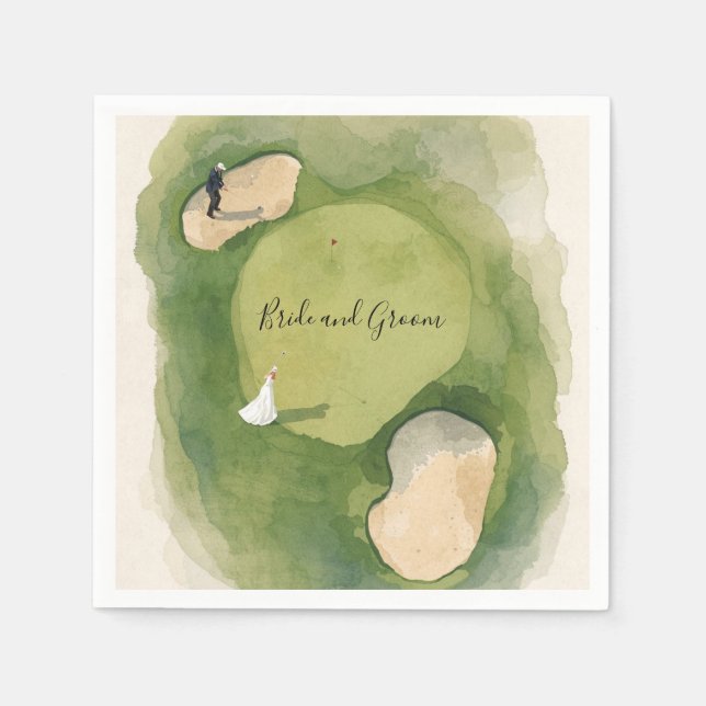 Golf Wedding with bride and groom on golf course Napkins (Front)