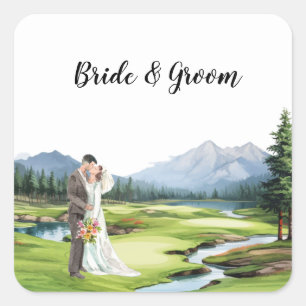 Golf Wedding with bride and groom Square Sticker