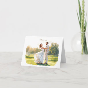 Golf wedding with bride and groom with text letterpress thank you card