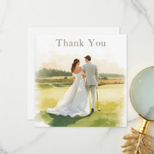 Golf wedding with bride and groom with text thank you card