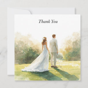 Golf wedding with bride and groom with text thank you card