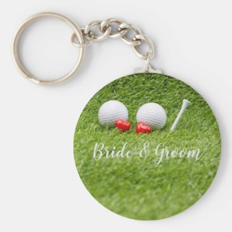 Golf Wedding with golf ball tee with love on green Keychain