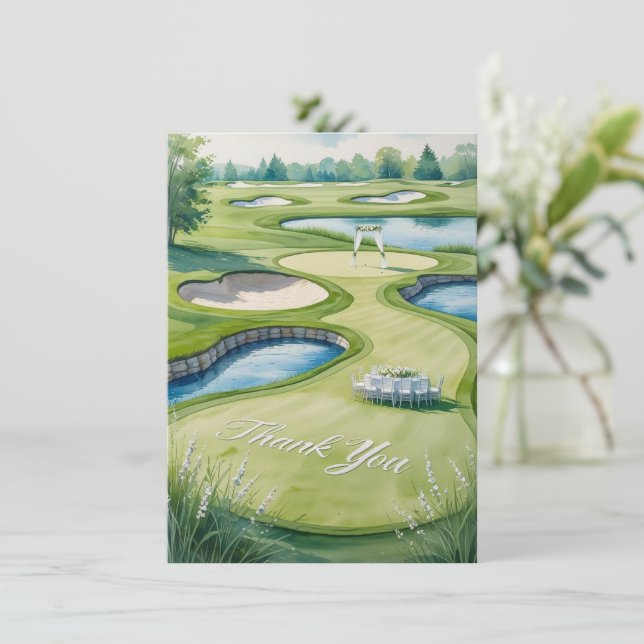 Golf Wedding with Text on golf course  Thank You Card (Standing Front)