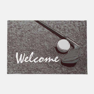 Golf welcome door mat golfer golf balls and iron