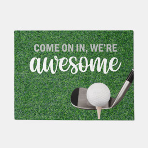 Golf Welcome door mat with iron and ball on green