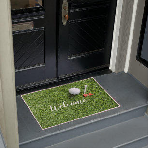 Golf welcome mat with love on green grass