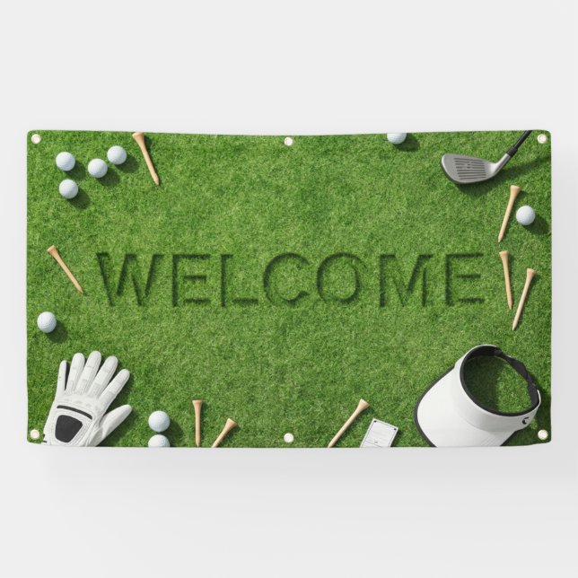 Golf Welcome sign with golf and tee on green grass (Horizontal)
