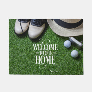 Golf Welcome to golfer home with ball on green Doormat