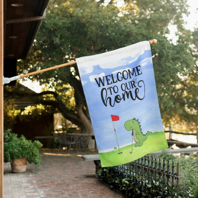 Golf Welcome to golfer house Dinosaur Flag (In SItu)