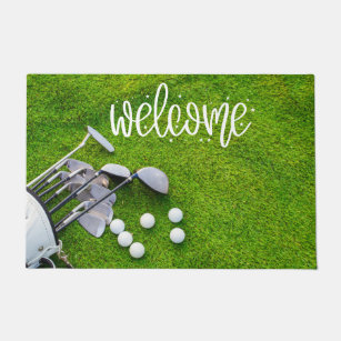 Golf  welcome to golfer house on green grass doormat