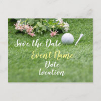 Golf with flowers on green grass save the date postcard