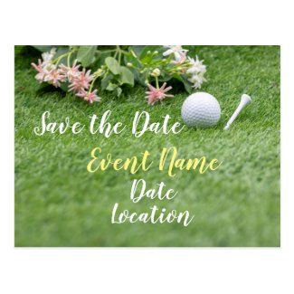 Golf with flowers on green grass save the date postcard
