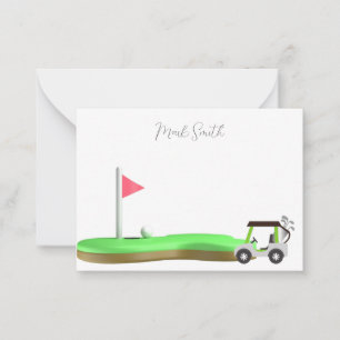 Golf with Name for golfer with golf cart at flag Note Card