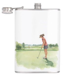 Golf woman golfer is golfing putting on green flask