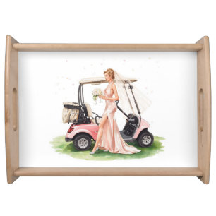 Golf woman golfer & pink cart  Bachelorette party Serving Tray