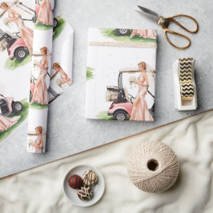 Golf woman golfer & pink cart Bachelorette party Wrapping Paper