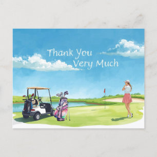 Golf woman golfer with bag and golf cart postcard