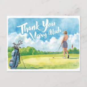 Golf woman golfer with bag on green postcard