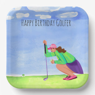 Golf woman is playing golf  Birthday golfer Paper Plates