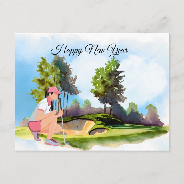Golf woman is playing golf  New Year Holiday Postcard (Front)