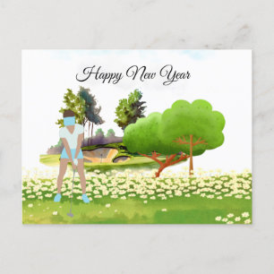 Golf woman is playing golf  New Year Holiday Postcard