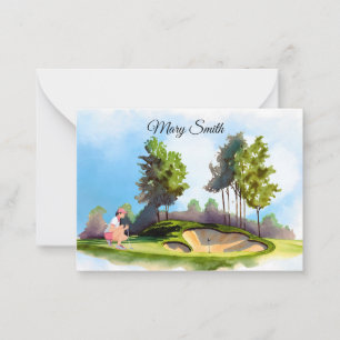 Golf woman is playing golf note card