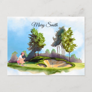 Golf woman is playing golf postcard