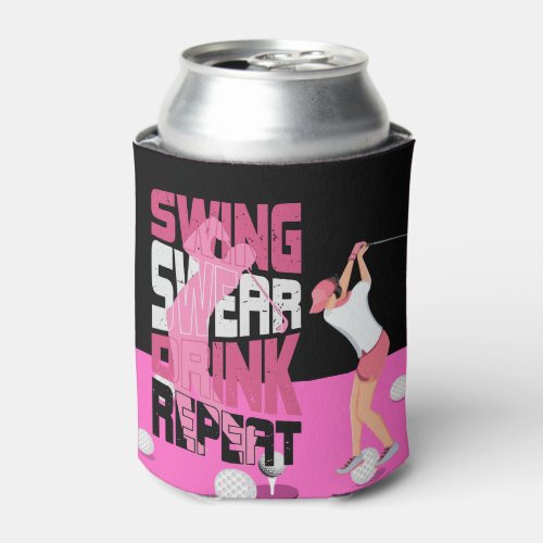 Golf Woman Swing Swear repeat Black and Pink theme Can Cooler
