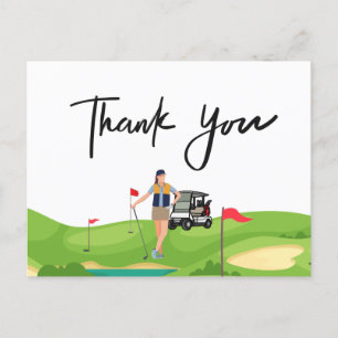 Golf woman thank you card with golf cart on green