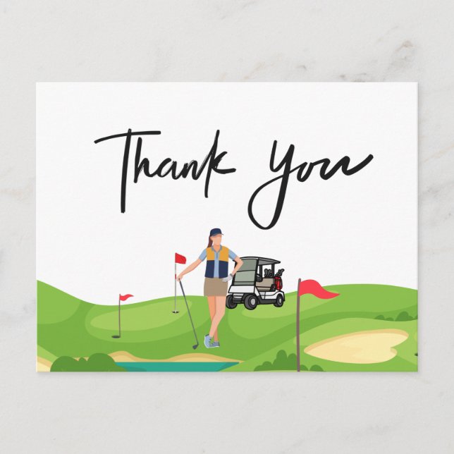 Golf woman thank you card with golf cart on green (Front)