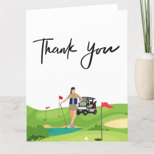 Golf woman thank you card with golf cart on green