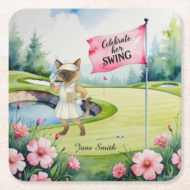 Golf Woman Tournament for Siamese Cat Golfer Square Paper Coaster (Front)