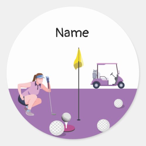 Golf Woman with cart and ball Purple theme Classic Round Sticker
