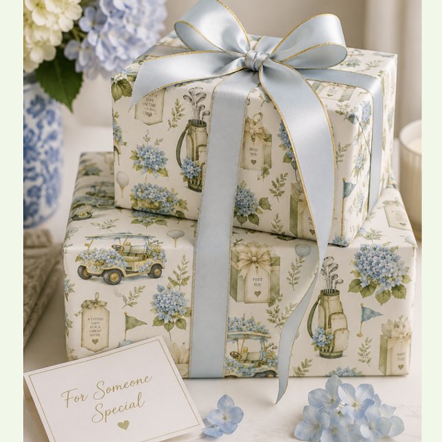 Golf Wrapping Paper | Golfers Party Event (Blue hydrangea golf cart gift wrap for women golfers, country club gifts and birthdays)