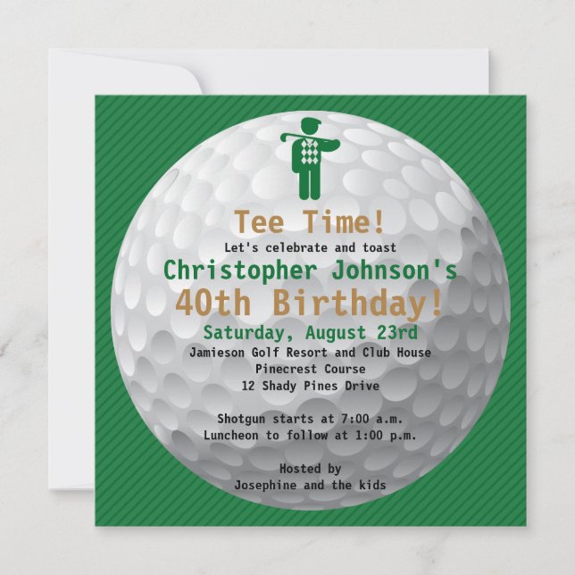 Golfball Green Gold Golf Birthday Party Invitation (Front)